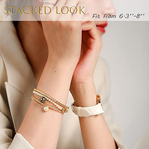 NUZON Gold Beaded Stretch Bracelets for Women 18K Gold Plated 4mm Round Ball Cubic Zirconia Curved Bar Elastic Bracelet Handmade Minimalist Jewelry - Image 3