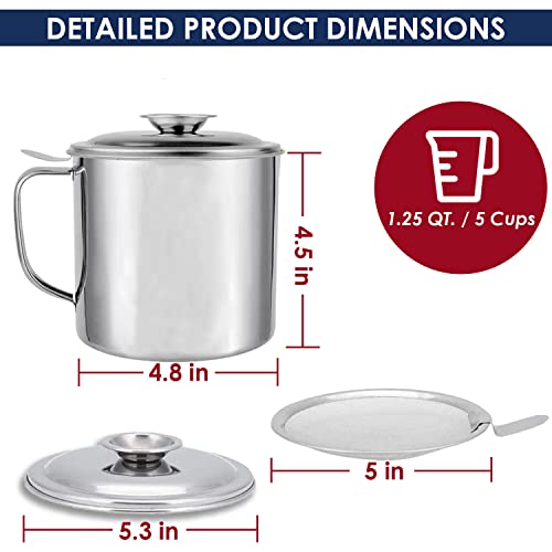 KEISSCO Bacon Grease Container with Strainer, Stainless Steel Oil Storage Can Container with Fine Mesh Strainer Fat Container Pot with Filter Screen, 1.25 QT / 5 Cups Grease Keeper Cooking Oil Keeper - Image 2
