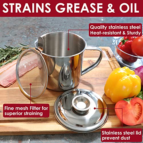 KEISSCO Bacon Grease Container with Strainer, Stainless Steel Oil Storage Can Container with Fine Mesh Strainer Fat Container Pot with Filter Screen, 1.25 QT / 5 Cups Grease Keeper Cooking Oil Keeper - Image 3