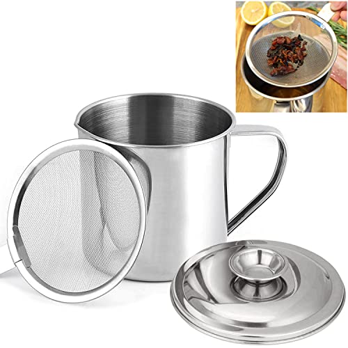 KEISSCO Bacon Grease Container with Strainer, Stainless Steel Oil Storage Can Container with Fine Mesh Strainer Fat Container Pot with Filter Screen, 1.25 QT / 5 Cups Grease Keeper Cooking Oil Keeper - Image 1