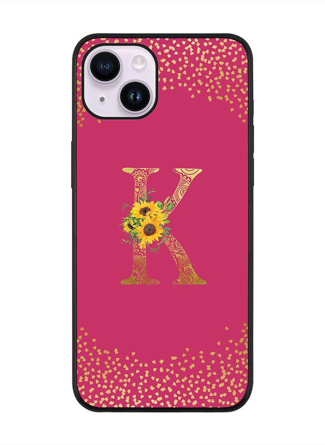 Stylizedd Rugged Black edge case for Apple iPhone 14 Plus, Soft Flexible Phone case Custom Monogram Initial Letter Mandala Floral Pattern Alphabet- K (Dark Pink Rose)  - Image 1