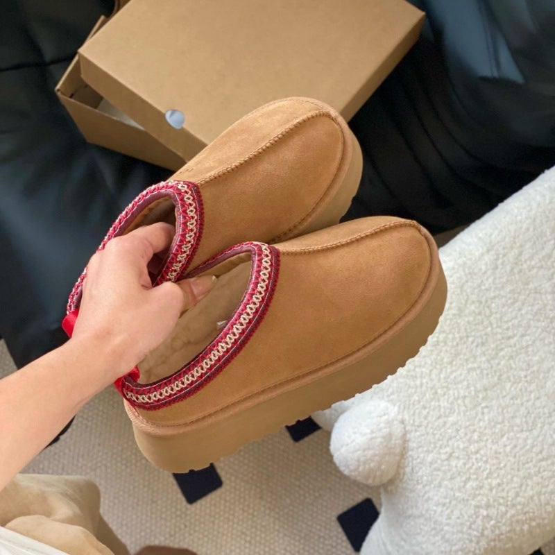Ethnic Style Weaved Thick Bottom Snow Boots Women'S Low-Barreled Cowhide Real Wool Fleece-Lined Warm Slippers For Export Plus Size Anti-Slip Bottom - Image 3