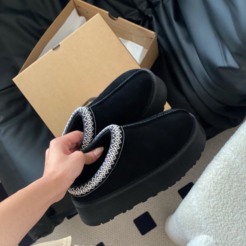 Ethnic Style Weaved Thick Bottom Snow Boots Women'S Low-Barreled Cowhide Real Wool Fleece-Lined Warm Slippers For Export Plus Size Anti-Slip Bottom - Image 4