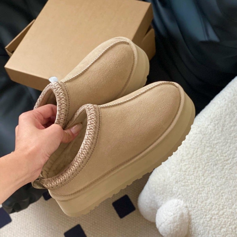 Ethnic Style Weaved Thick Bottom Snow Boots Women'S Low-Barreled Cowhide Real Wool Fleece-Lined Warm Slippers For Export Plus Size Anti-Slip Bottom - Image 1