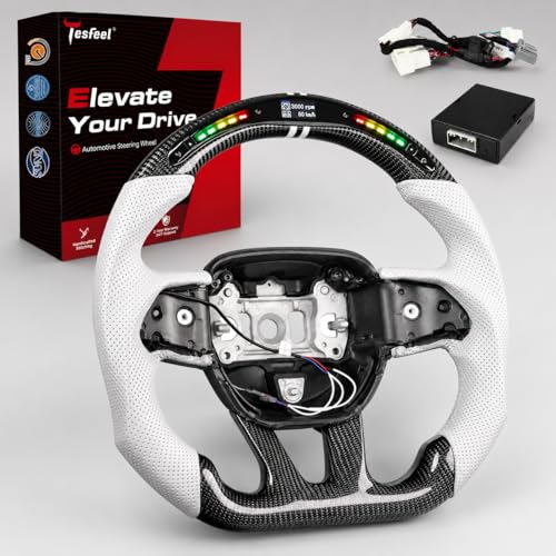 Tesfeel Real Carbon Fiber Steering Wheel with LED Shift Indicator for Dodge Charger for Challenger and for Durango 20152024 Genuine 3K Carbon White Leather Grip with Dual White Stripes DShape - Image 1