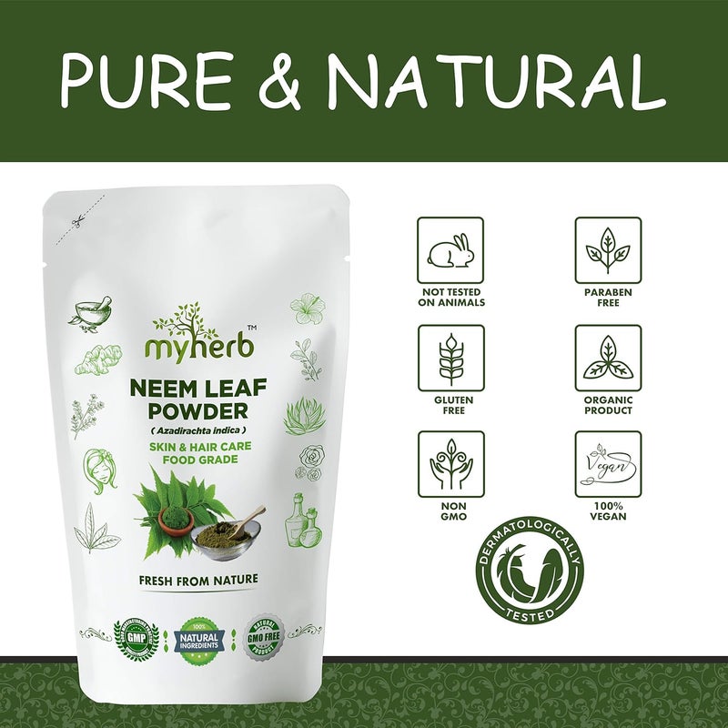 MYHERB 100 مسحوق أوراق النيم الطبيعي 227 جرام 0.5 رطل للشعر الصحي منظف الشعر أقنعة الوجه للبشرة للرجال والنساء - Image 2