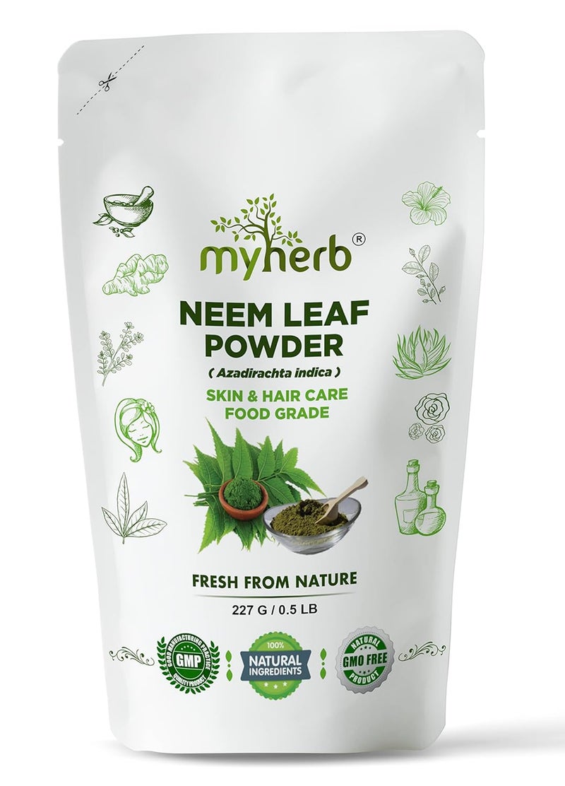 MYHERB 100 مسحوق أوراق النيم الطبيعي 227 جرام 0.5 رطل للشعر الصحي منظف الشعر أقنعة الوجه للبشرة للرجال والنساء - Image 1