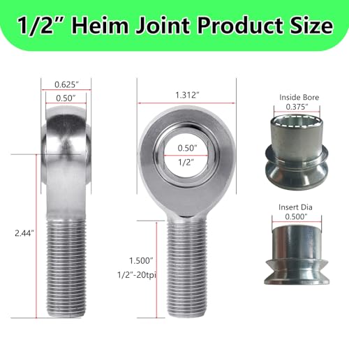 Beigaoxu 1/2” Heim Joint Rod End Kit, 500” Right and Left Hand Thread Chromoly Panhard Rod End Kit with Spacer, Jam Nut and Tube Adapters (2 Pair), Good for Steering, Suspension, Traction Bars - Image 3