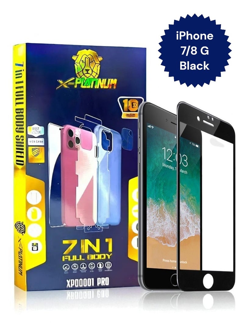x-platinum Full protection package for iPhone 7/8G Black, Protective case made of high-quality materials, high-definition screen protection, camera lens protector, phone back protector, maximum protection against scratches and breakage.
