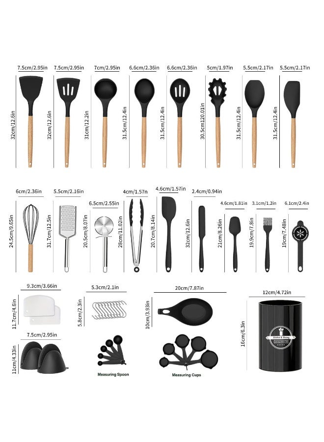تي دي هوم مجموعة أدوات مطبخ سيليكون 44 قطعة مع حامل منظم، طقم ملاعق طهي مقاومة للحرارة من أميت شيف لأواني الطهي غير اللاصقة، بأيدي خشب طبيعي أسود. - Image 2