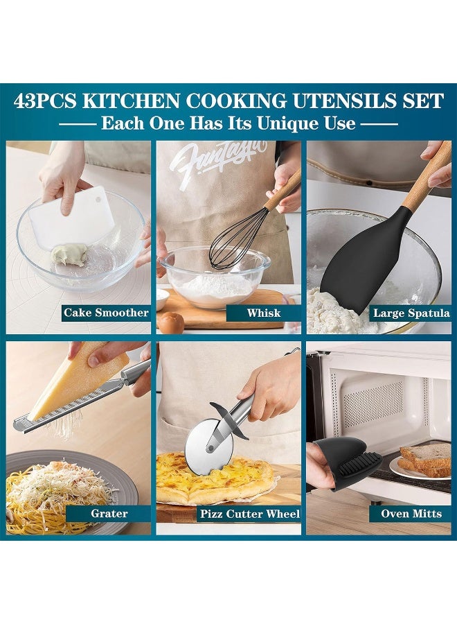 تي دي هوم مجموعة أدوات مطبخ سيليكون 44 قطعة مع حامل منظم، طقم ملاعق طهي مقاومة للحرارة من أميت شيف لأواني الطهي غير اللاصقة، بأيدي خشب طبيعي أسود. - Image 4