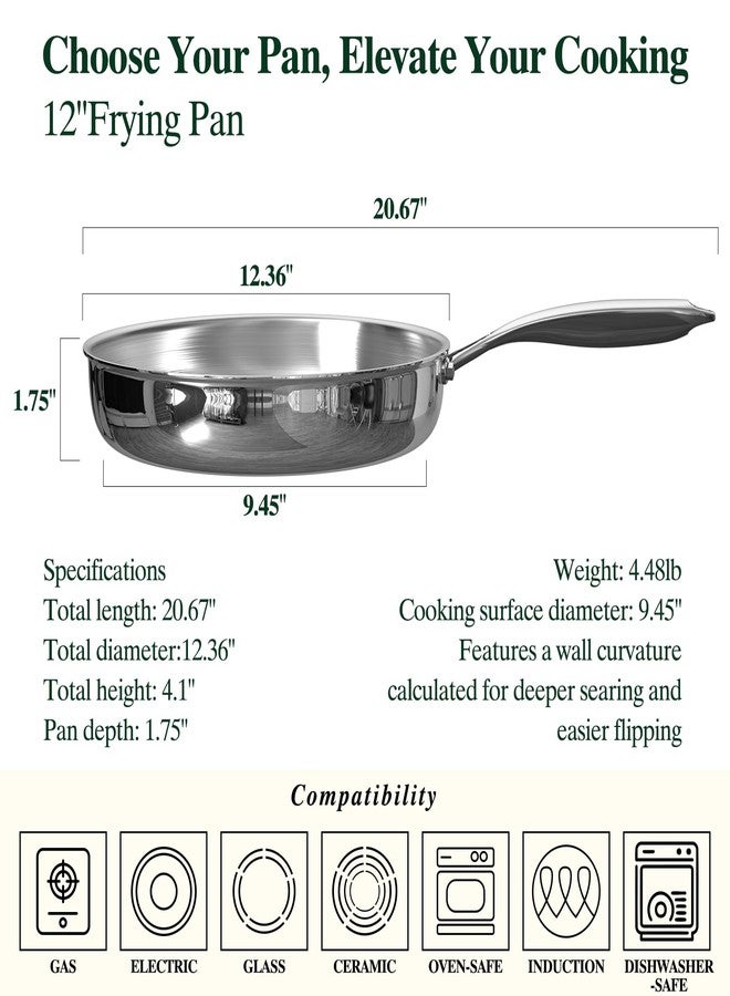 Umite Chef 12 inch 5 Ply Stainless Steel Frying Pan Non-Toxic PFOA&PTFE Free Skillets, Professional Cookware- Oven Safe & Induction Compatible, Fast & Even Heat, Heavy Duty, Cool Grip Handles - Image 2