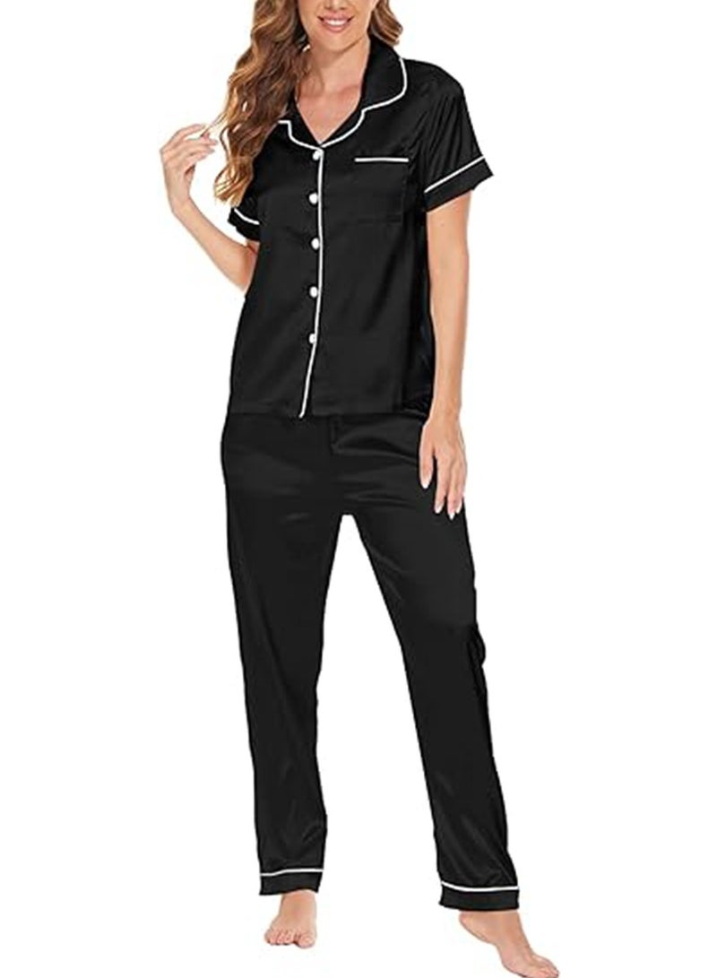 Caprisious Caprisious Women's Luxurious Silk Satin Pajama Set - Soft and Comfortable Short Sleeve Nightwear for a Blissful Sleep, Perfect for Relaxing Evenings and Cozy Nights  - Image 2