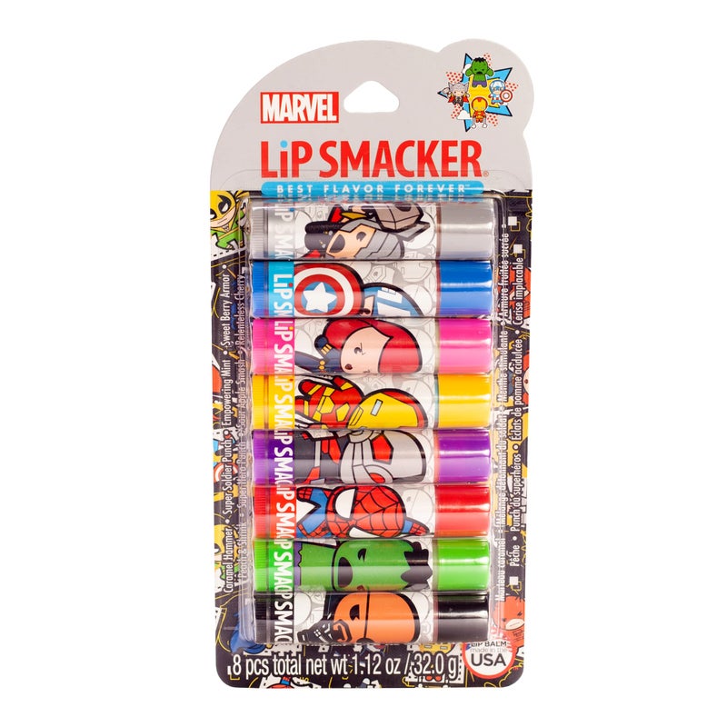 Lip Smacker Marvel Avenger Flavored Lip Balm Party Pack 8 Count, Super Hero, Spirderman, Iron Man, Captain America, Clear, For Kids - Image 1