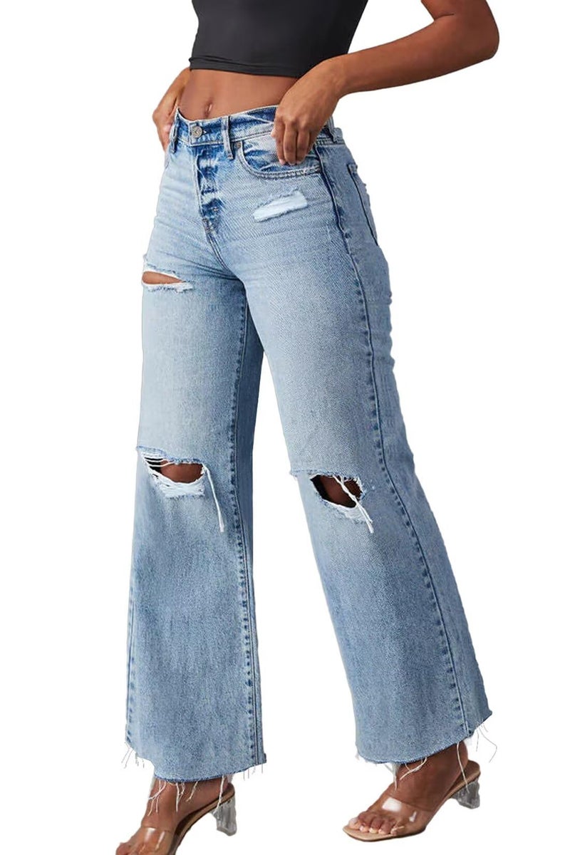 Allimy Womens High Waisted Wide Leg Ripped Jeans Light Wash Trendy Stretch Straight Ankle Capri Jeans for Women Denim Blue Size 8 - Image 4