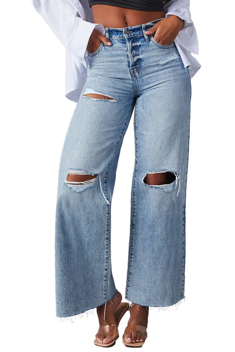 Allimy Womens High Waisted Wide Leg Ripped Jeans Light Wash Trendy Stretch Straight Ankle Capri Jeans for Women Denim Blue Size 8 - Image 1