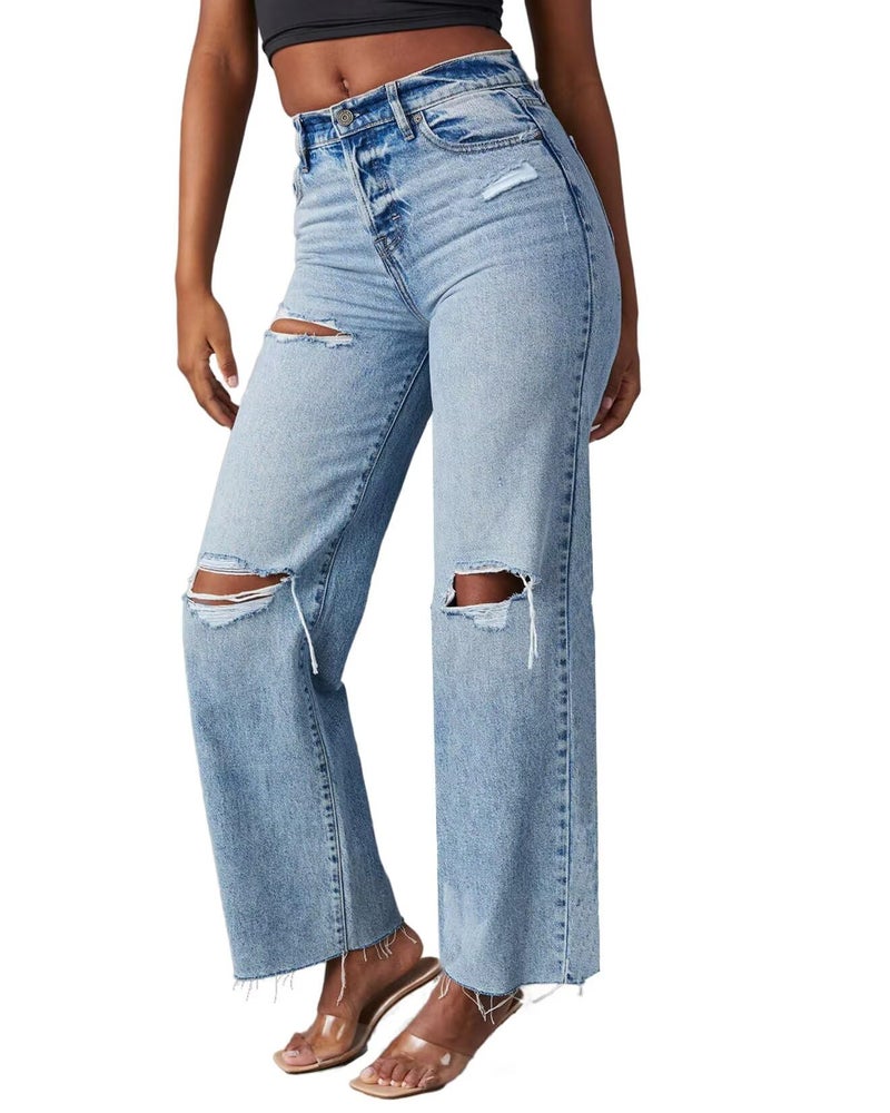 Allimy Womens High Waisted Wide Leg Ripped Jeans Light Wash Trendy Stretch Straight Ankle Capri Jeans for Women Denim Blue Size 8 - Image 2