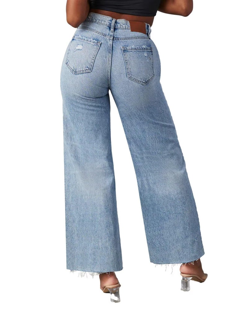 Allimy Womens High Waisted Wide Leg Ripped Jeans Light Wash Trendy Stretch Straight Ankle Capri Jeans for Women Denim Blue Size 8 - Image 5