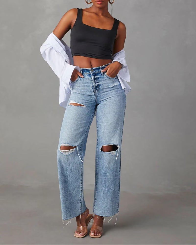 Allimy Womens High Waisted Wide Leg Ripped Jeans Light Wash Trendy Stretch Straight Ankle Capri Jeans for Women Denim Blue Size 8 - Image 3
