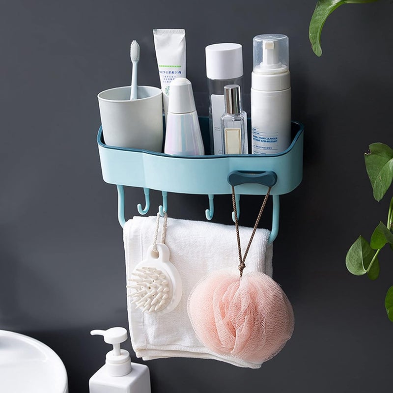 Tagve Bathroom Shelf Organizer Wall Waterproof Shampoo Rack with Towel Bar Kitchen Storage Rack No Drilling Plastic Bath Shelf Blue - Image 1