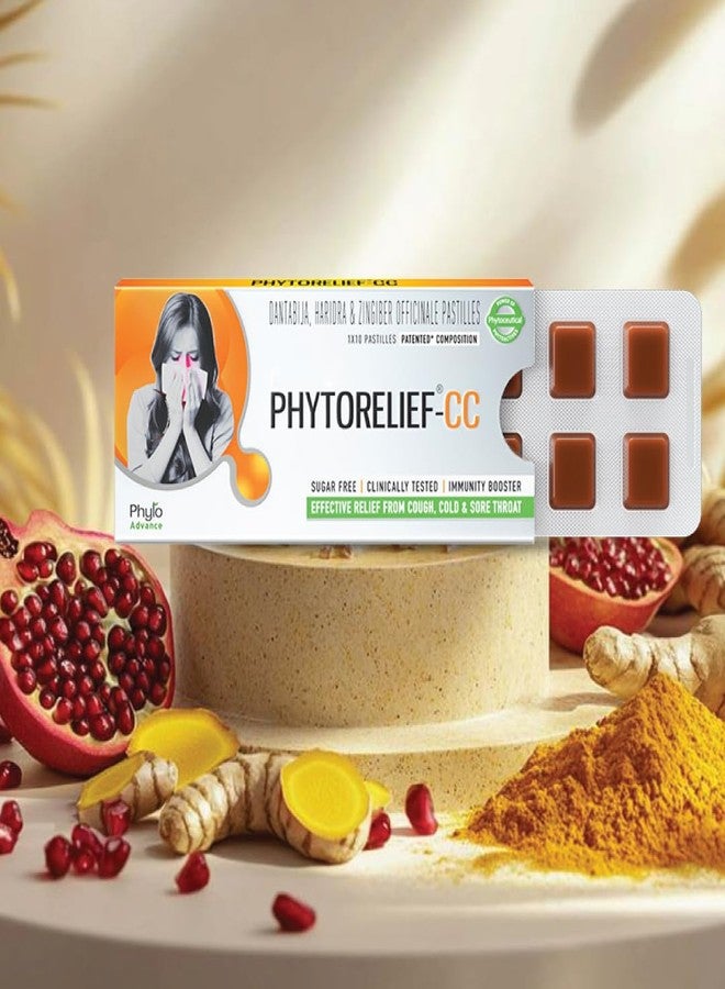 PhytoRelief-CC PhytoRelief CC® -5X Natural Support | Quick Relief from Sore & Scratchy Throat | Seasonal Cold & Cough | Clinically tested & Patented| Sugar-Free Pastilles -Pack of 1 (10 Pastilles) - Image 1