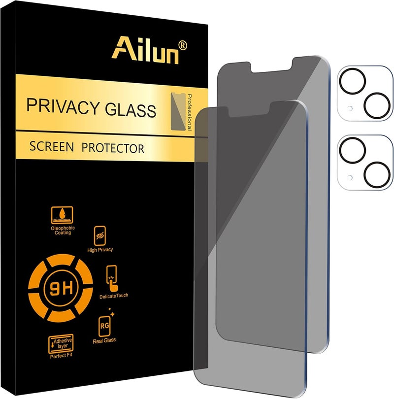 Ailun 2Pack Privacy Screen Protector for iPhone 13 Mini [5.4 inch] + 2 Pack Camera Lens Protector, Anti Spy Private Tempered Glass Film,[9H Hardness] - HD - Image 1
