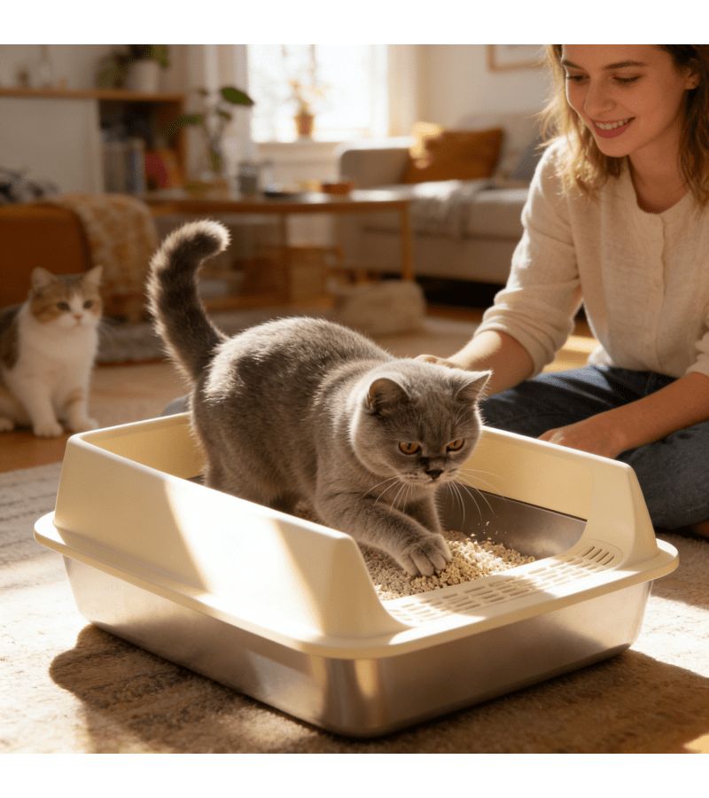 Stainless Steel Open Cat Litter Box Deepened Chassis Khaki Reduces Odors - Image 1