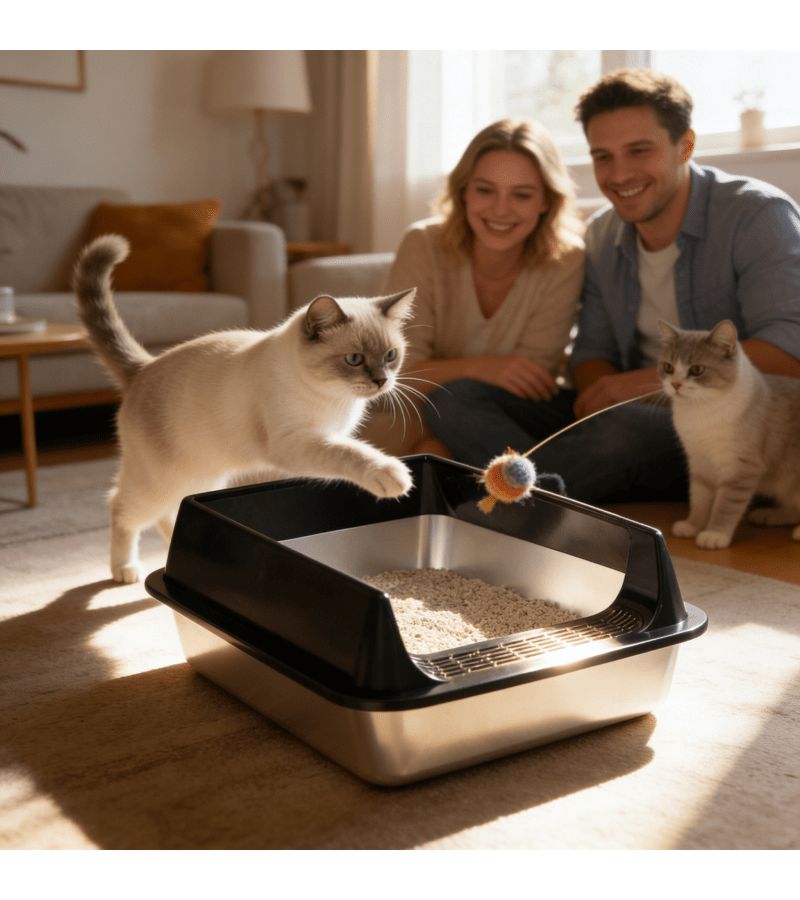 Stainless Steel Open Cat Litter Box Deepened Chassis Khaki Reduces Odors - Image 5