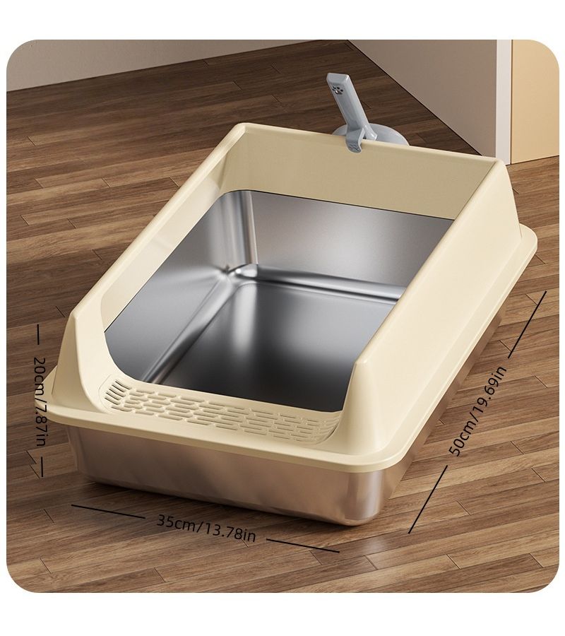 Stainless Steel Open Cat Litter Box Deepened Chassis Khaki Reduces Odors - Image 2