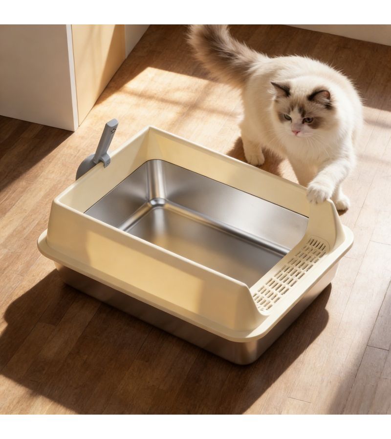 Stainless Steel Open Cat Litter Box Deepened Chassis Khaki Reduces Odors - Image 3