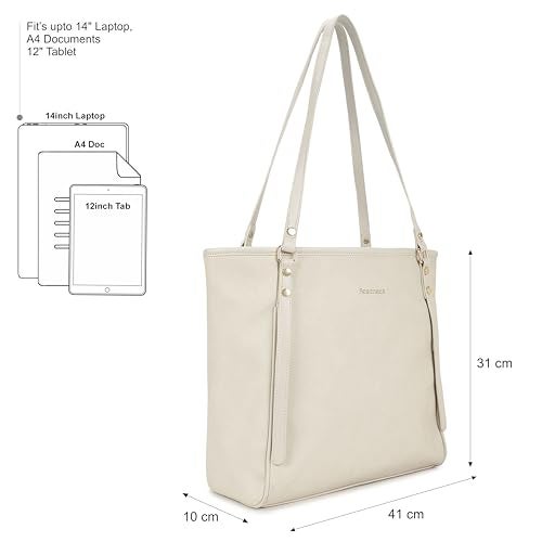 Fastrack Casual Laptop Tote Bag For Girls, Large Size With A Zipper Closure And Padded Laptop Compartment, Compatible With Laptops Up To 14 Inches, Double Handle Bag, Off White - Image 4