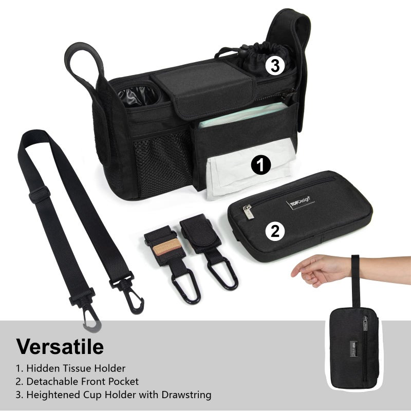 TOPDesign Universal Baby Stroller Organizer, Stroller Caddy with Heightened Insulated Cup Holders & Non-Slip Secure Hooks Accessories, Fits Most Strollers, Machine Washable (Black) - Image 2