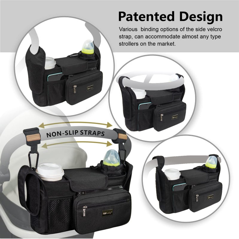 TOPDesign Universal Baby Stroller Organizer, Stroller Caddy with Heightened Insulated Cup Holders & Non-Slip Secure Hooks Accessories, Fits Most Strollers, Machine Washable (Black) - Image 3