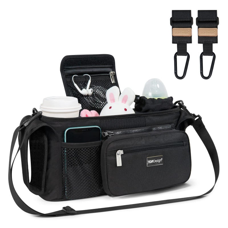 TOPDesign Universal Baby Stroller Organizer, Stroller Caddy with Heightened Insulated Cup Holders & Non-Slip Secure Hooks Accessories, Fits Most Strollers, Machine Washable (Black) - Image 1