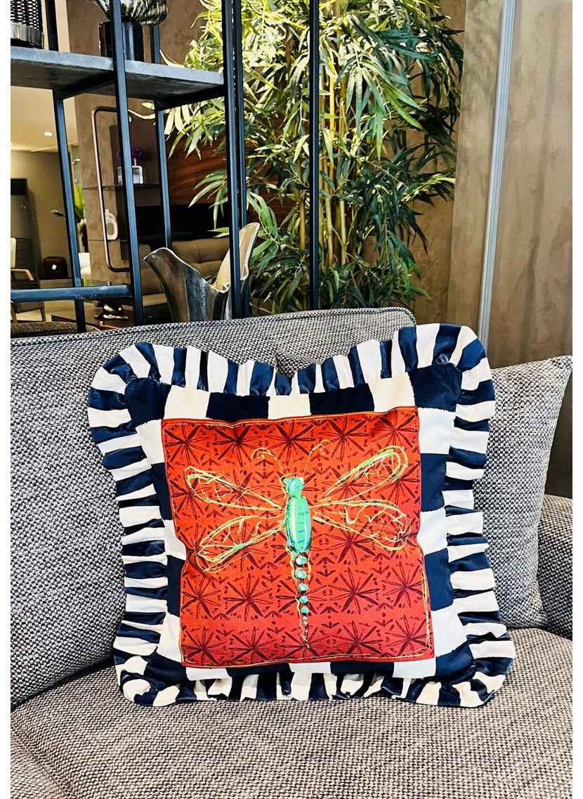 Ge Living Dragonfly Patterned Navy Blue Velvet Cushion Cover - Hope Series Special Design Ruffle  - Image 1