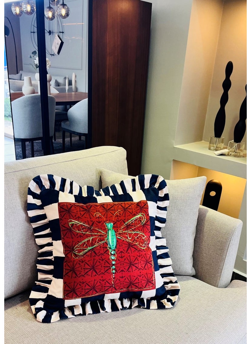 Ge Living Dragonfly Patterned Navy Blue Velvet Cushion Cover - Hope Series Special Design Ruffle  - Image 2