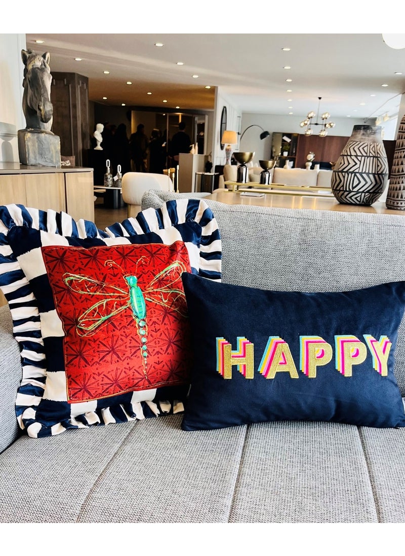 Ge Living Dragonfly Patterned Navy Blue Velvet Cushion Cover - Hope Series Special Design Ruffle  - Image 4