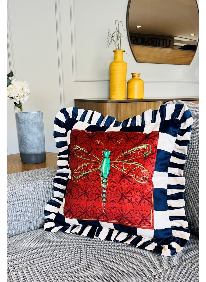 Ge Living Dragonfly Patterned Navy Blue Velvet Cushion Cover - Hope Series Special Design Ruffle  - Image 3