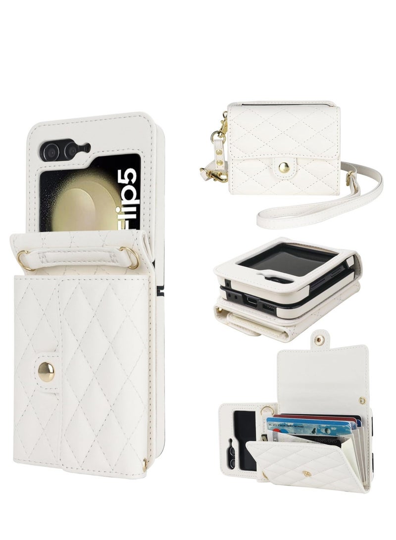 for Samsung Galaxy Z Flip 5 Wallet Case, Crossbody Purse with Credit Card Slot Holder RFID Blocking PU Leather Phone Case, Adjustable Lanyard Detachable Strap Wrist, for Galaxy Z Flip5 (White)  - Image 1