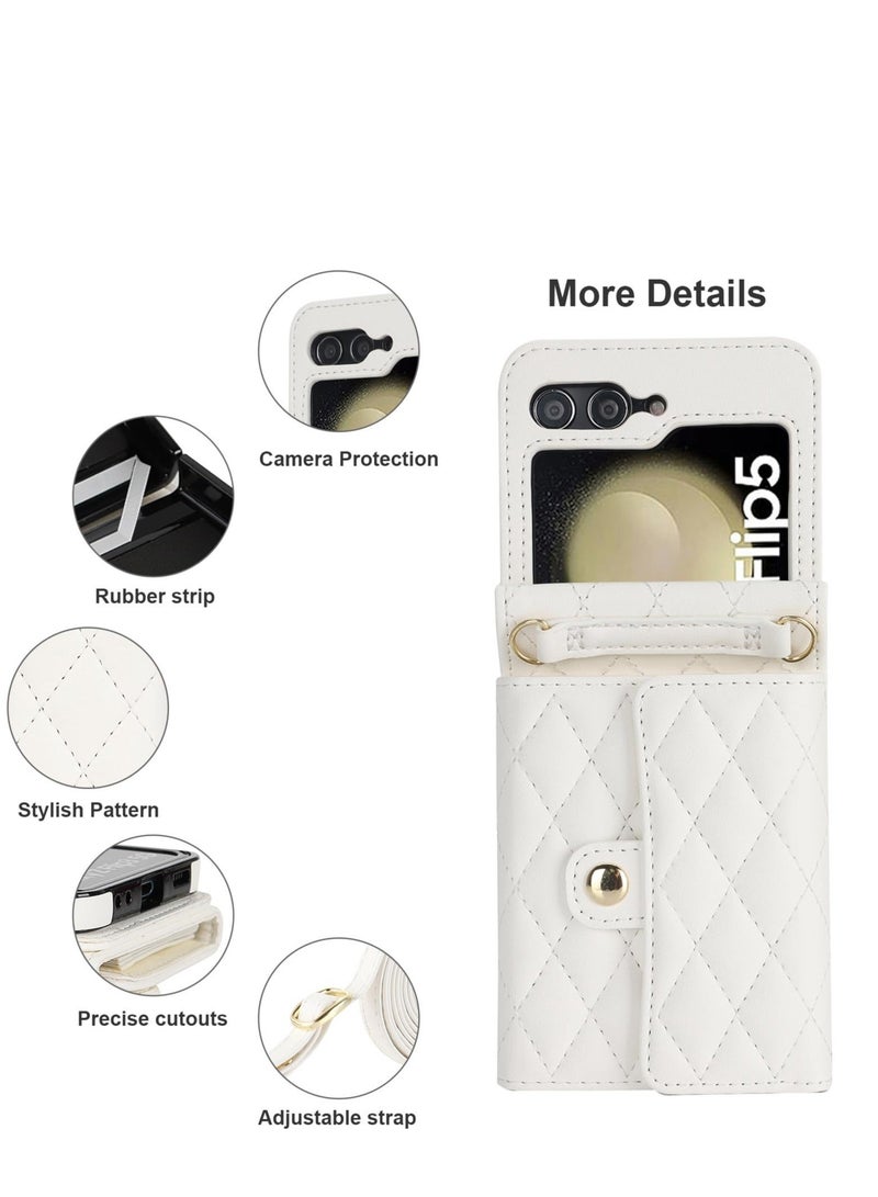 for Samsung Galaxy Z Flip 5 Wallet Case, Crossbody Purse with Credit Card Slot Holder RFID Blocking PU Leather Phone Case, Adjustable Lanyard Detachable Strap Wrist, for Galaxy Z Flip5 (White)  - Image 5