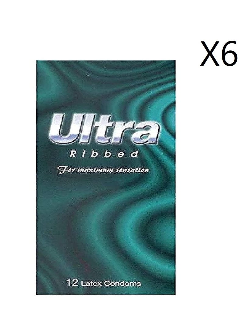 Ultra Ribbed Condoms With External Ridges, 12 Pieces, 6 Pack