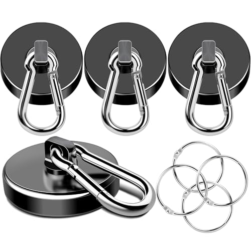 MIKEDE Strong Magnetic Hooks Heavy Duty, 200LBS+ Black Swivel Neodymium Magnets with Carabiner Hook, Hooks for Hanging, Curtain - 4 Pack - Image 1