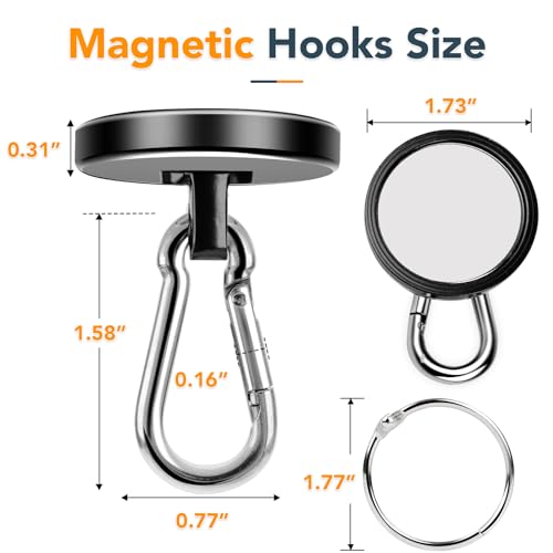 MIKEDE Strong Magnetic Hooks Heavy Duty, 200LBS+ Black Swivel Neodymium Magnets with Carabiner Hook, Hooks for Hanging, Curtain - 4 Pack - Image 2