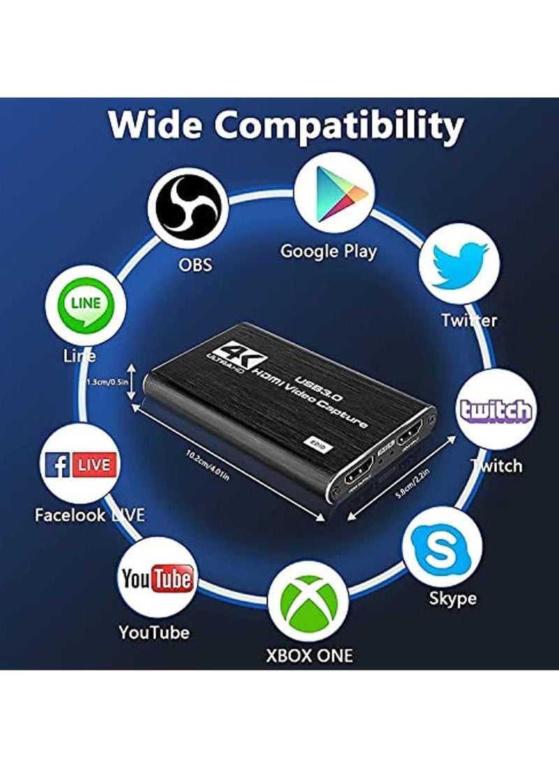 Audio Video Capture Card, 4K HDMI USB3.0 Capture Adapter 1080P 60fps Video Capture Device Portable Video Converter for Video Recording Gaming Streaming Live Broadcast,Support PS4 X-Box Camcorder