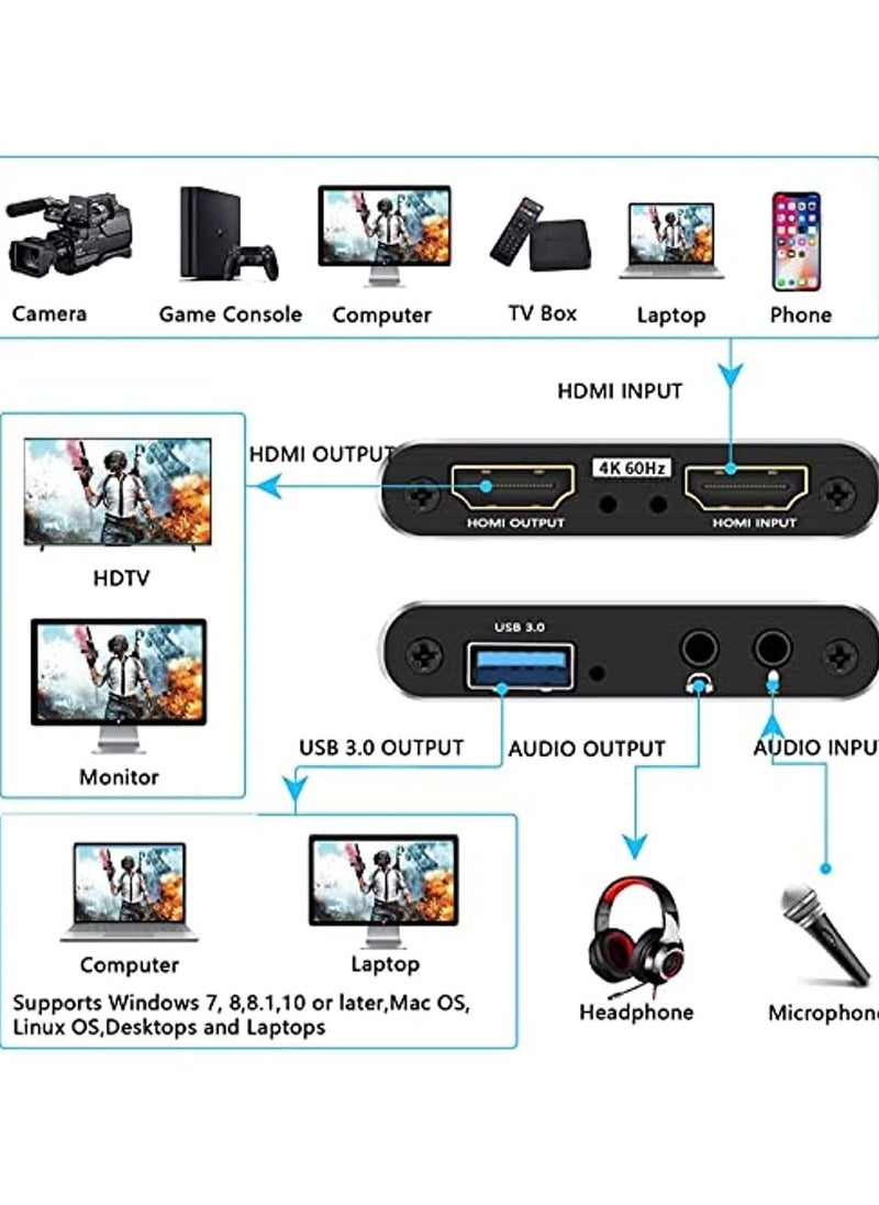 Audio Video Capture Card, 4K HDMI USB3.0 Capture Adapter 1080P 60fps Video Capture Device Portable Video Converter for Video Recording Gaming Streaming Live Broadcast,Support PS4 X-Box Camcorder