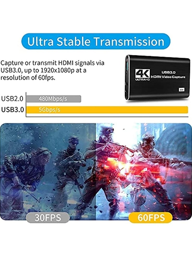 Audio Video Capture Card, 4K HDMI USB3.0 Capture Adapter 1080P 60fps Video Capture Device Portable Video Converter for Video Recording Gaming Streaming Live Broadcast,Support PS4 X-Box Camcorder
