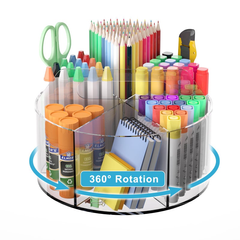 Wawocs Acrylic Pen Holder for Desks, Acrylic Desk Organizer Clear, 360 Degree Pencil Holder for Desk Kids, Rotating Desk Organizer Rotating Pen Holder for Desk, Art Supply Storage Organizer 6 Compartments - Image 1