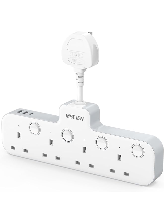promass 5CM 4 Outlet Extension Lead with USB (1 Type-C), Multi Plug with Switches 4 Way Plug Adapter,Multi Plug Adaptor Wall Socket Extender for Home, Office, Multiplug Socket Extension - Image 1
