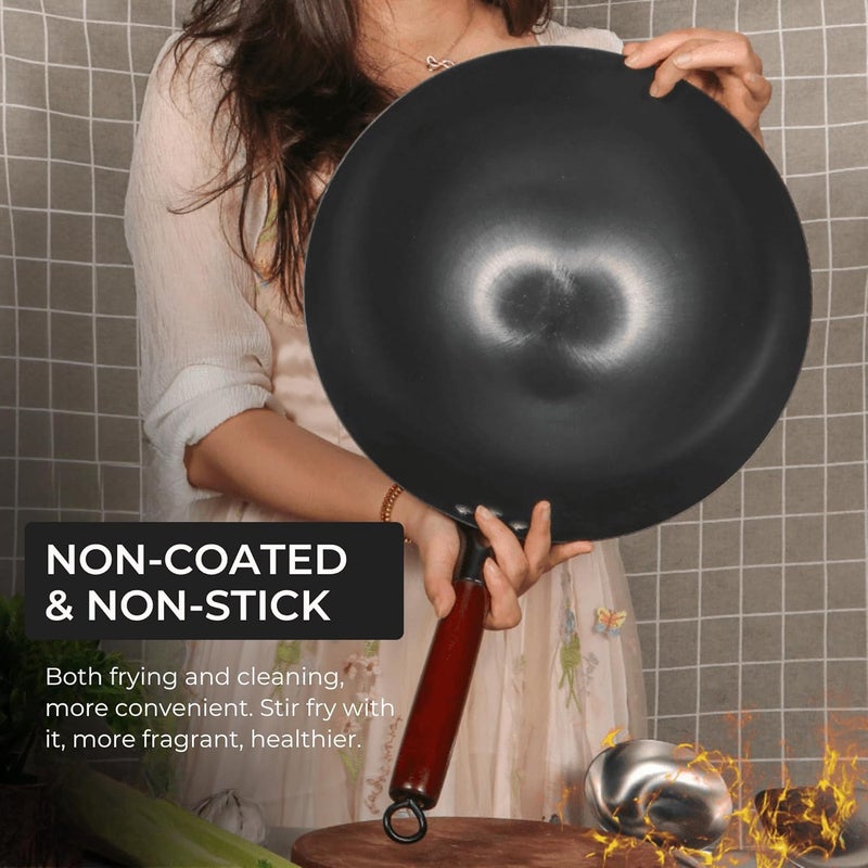 Home Essentials Heavy Duty Fine Iron Pan with Wood Handle, Frying Wok Pan with Handle, Gas & Induction Compatible/Pre-Seasoned Wok, 100% Pure & Toxin-Free (AM270), Black - Image 2