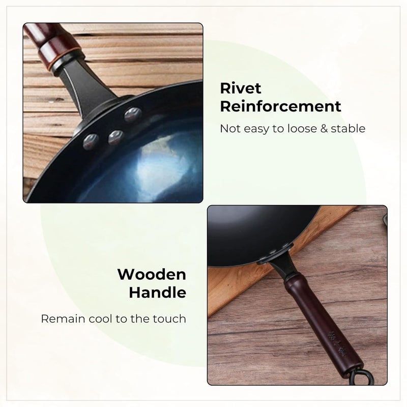 Home Essentials Heavy Duty Fine Iron Pan with Wood Handle, Frying Wok Pan with Handle, Gas & Induction Compatible/Pre-Seasoned Wok, 100% Pure & Toxin-Free (AM270), Black - Image 4